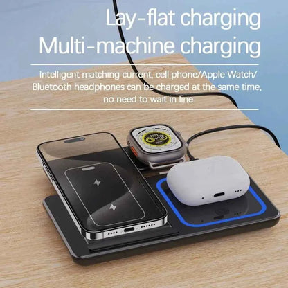 Foldable Dock Station 3 In 1 Wireless Charger Stand With LED 15W Phone Earbuds