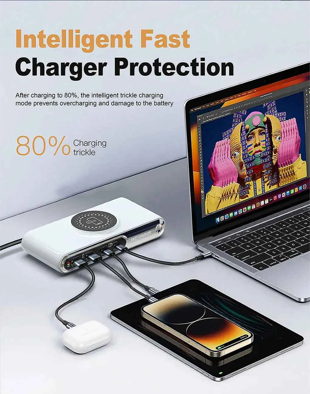72W 4 Port USB C PD QC Fast Charger Wireless Charging For Phone