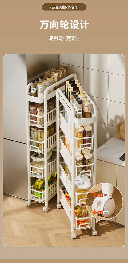Side of Refrigerator Storage Rack Ultra Narrow Pull-out Seasoning Rack Multifunctional Bathroom Shelf with Pulley Kitchen Cart