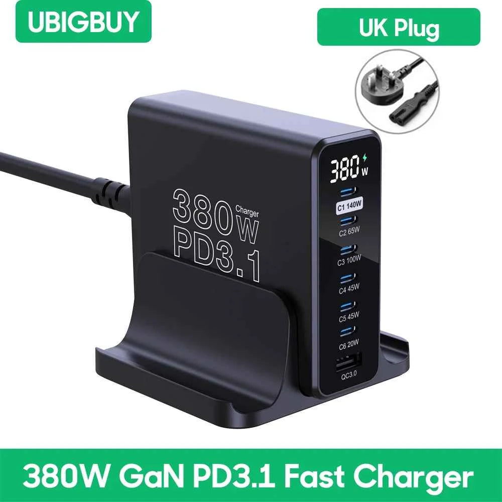 Ubigbuy 380W GaN USB C Charger PD 3.1 140W 100W PPS 45W Fast Charging Station LCD Display for iPhone 15 Samsung MacBook Pro/Air