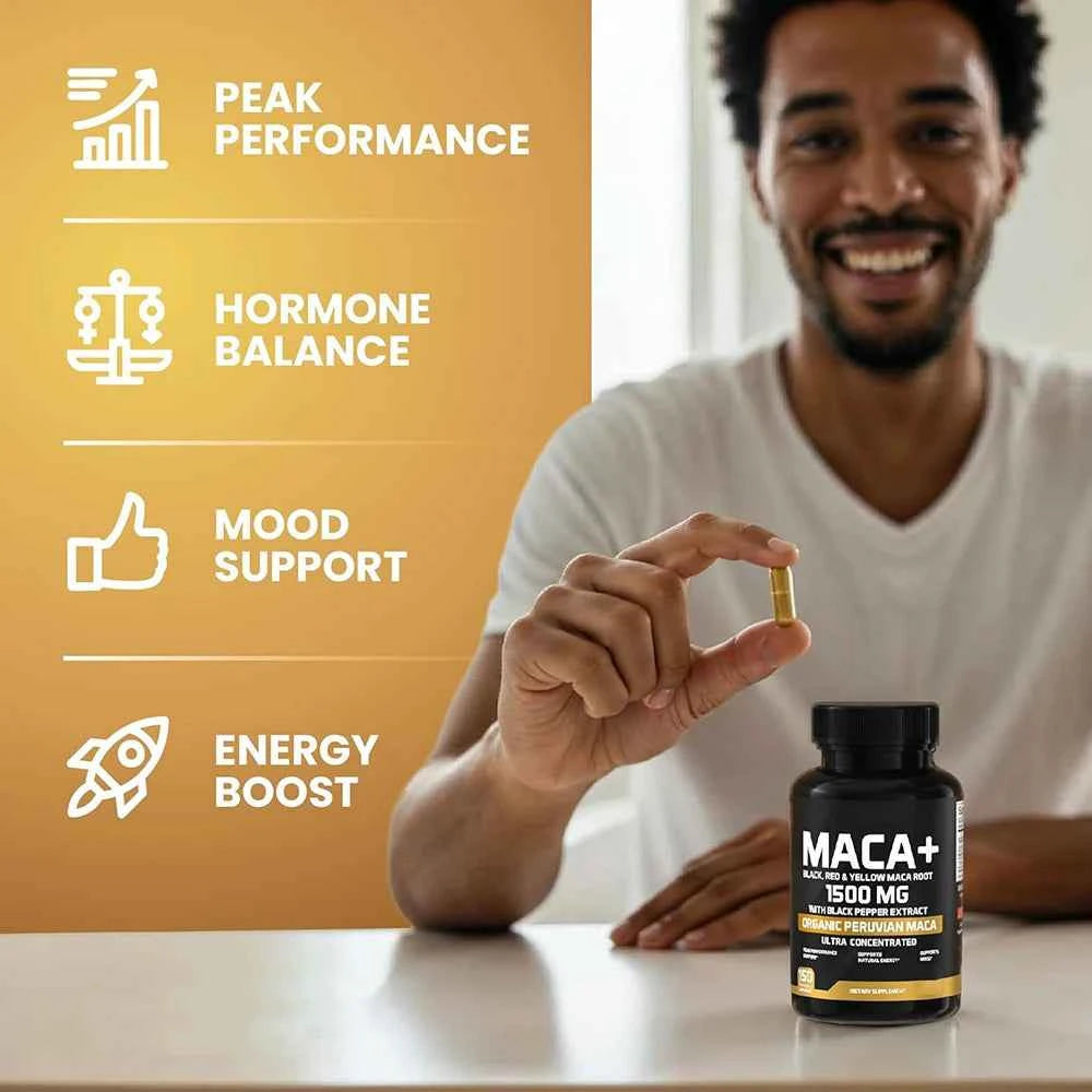 Organic Maca Powder Capsules 1500mg Black Red Yellow Peru Maca For All Vegan