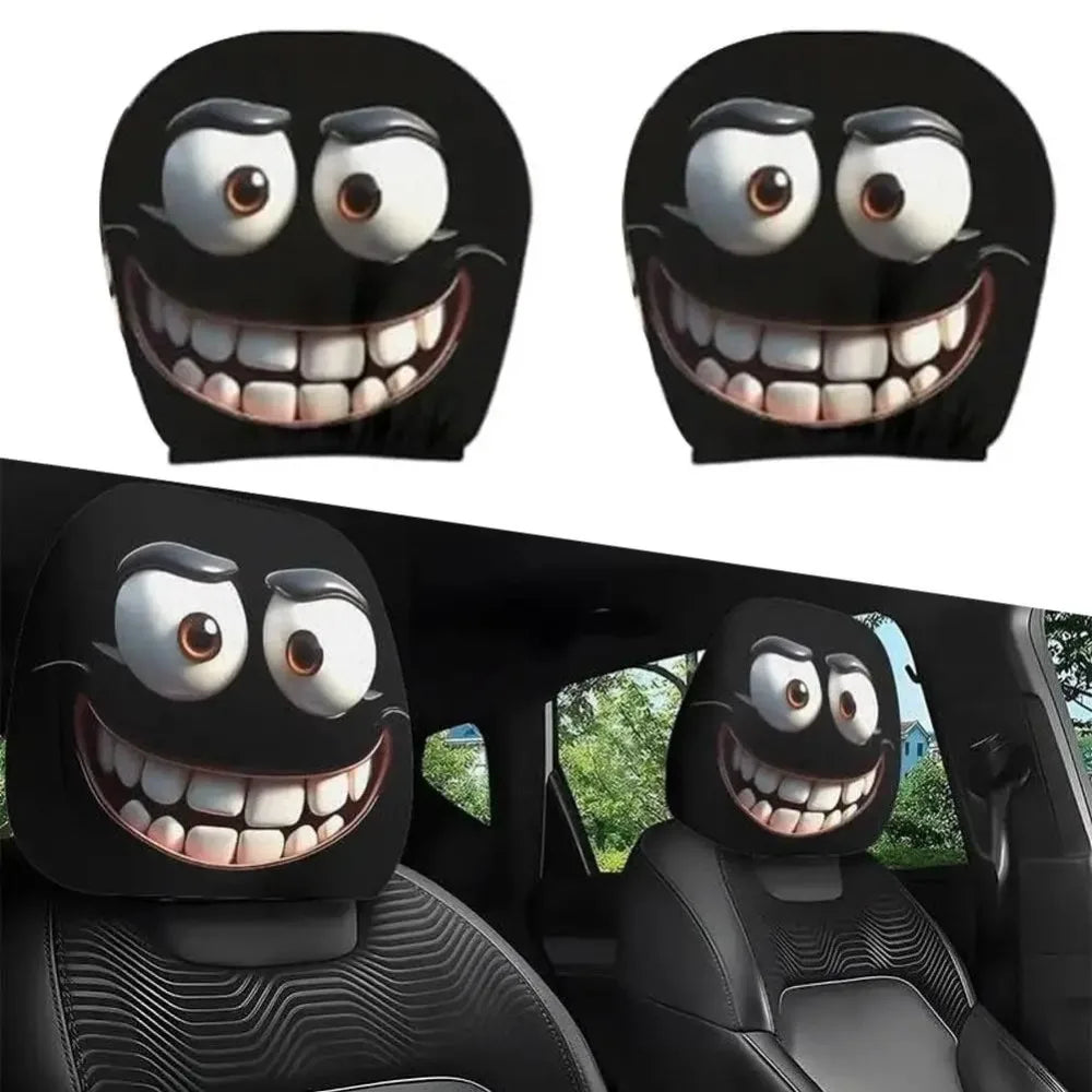 A set of exaggerated and entertaining car interior headrest covers for 2026, featuring humorous facial expressions and unique decorations.