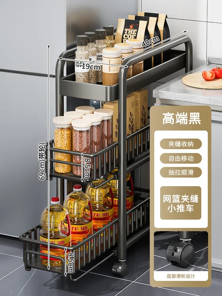Side of Refrigerator Storage Rack Ultra Narrow Pull-out Seasoning Rack Multifunctional Bathroom Shelf with Pulley Kitchen Cart