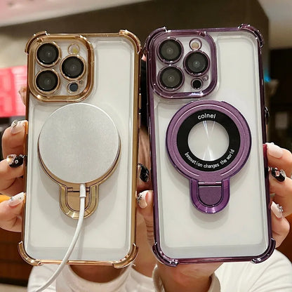 Fashion Plating Magnetic Bracket Case for iPhone 17 16 15 14 13 12 Pro Max Case With Holder Stand Shockproof Cover for Magsafe