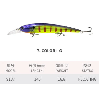 Deep Diving Fishing Lures 145mm Floating Minnow Long Tongue Board 16.8g