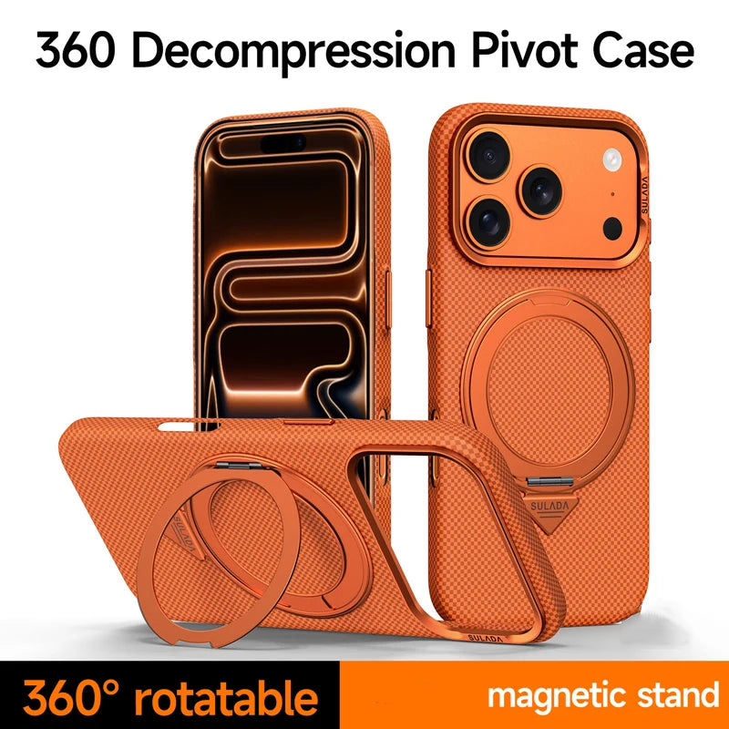 Alloy Lens 360 Rotating Bracket Magnetic Case for iPhone 17Pro Max 16 pro Carbon Fiber Texture Wireless Charge Frosted PC Cover