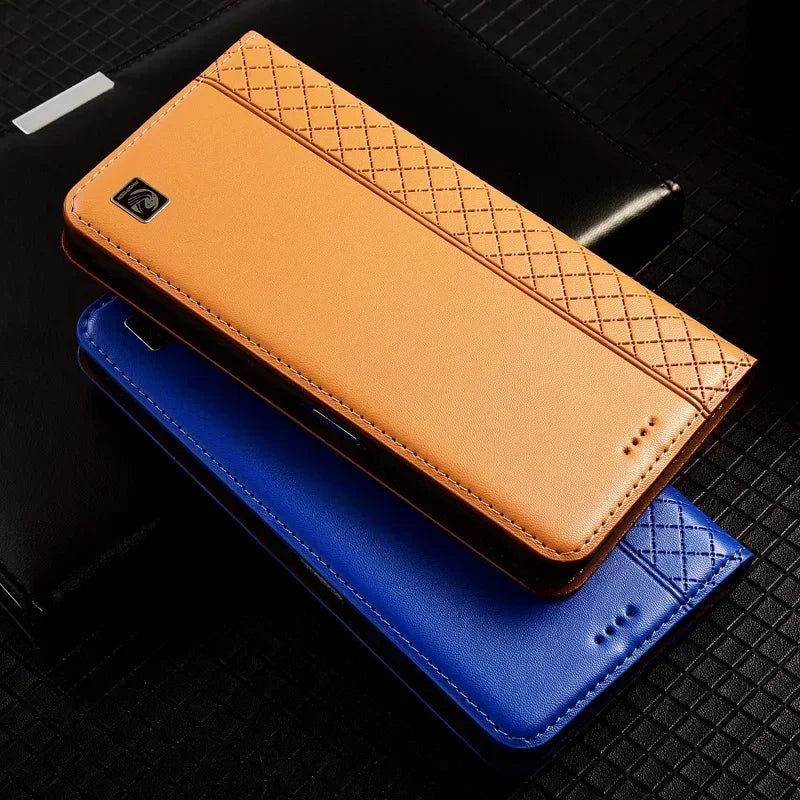 For OnePlus Nord 5 CE5 5G Flip Case Grid Pattern Magnetic Cover Luxury Cowhide Genuine Leather Card Pocket Wallet Cases Covers