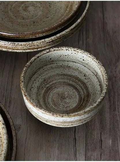Retro Handmade Stoneware Rice Soup Bowl Tea Cup Round Steak Salad Dinner Plate Dishes Home Dining Dish Japanese Tableware Set