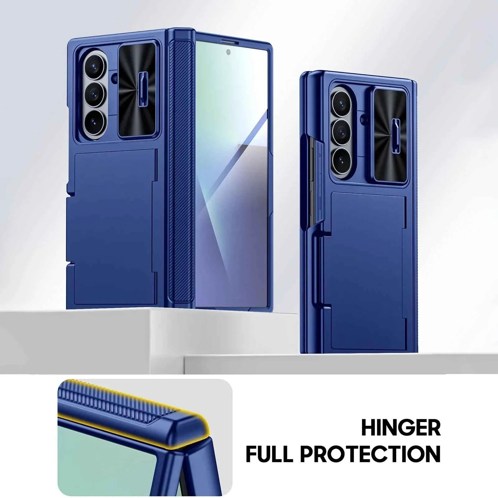 Halloween Gifts for Galaxy Z Fold 7 RFID Wallet with Cards Holder,Hinge Cover,Camera Cover,Shockproof Silicone Phone Case-Blue