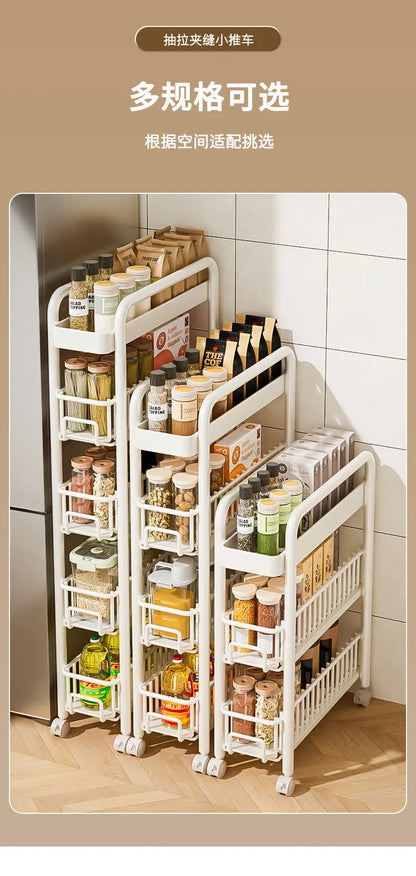 Side of Refrigerator Storage Rack Ultra Narrow Pull-out Seasoning Rack Multifunctional Bathroom Shelf with Pulley Kitchen Cart