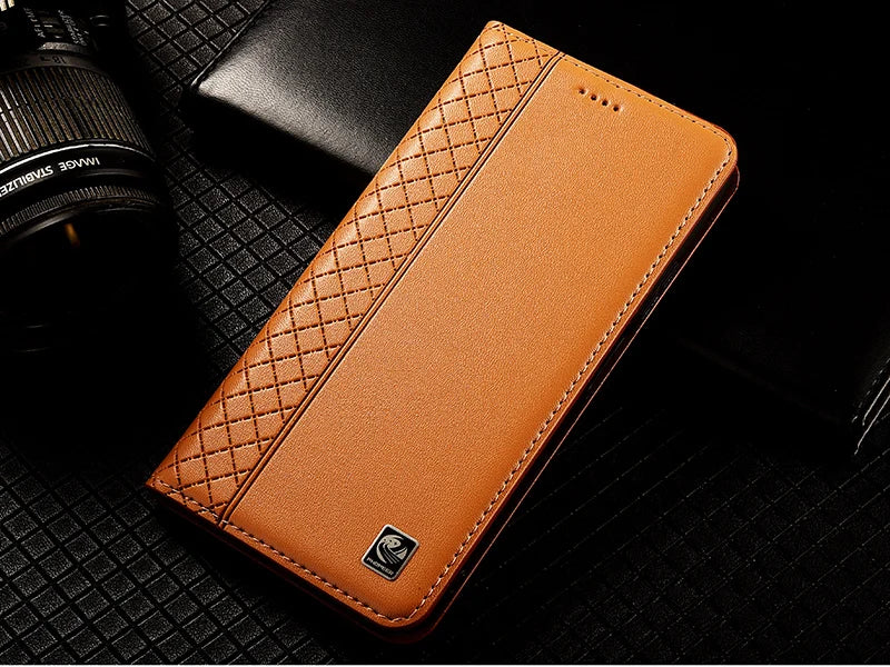 For OnePlus Nord 5 CE5 5G Flip Case Grid Pattern Magnetic Cover Luxury Cowhide Genuine Leather Card Pocket Wallet Cases Covers