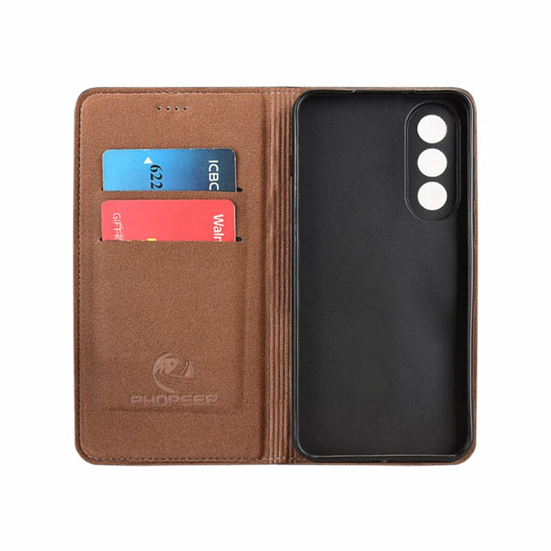 For OnePlus Nord 5 CE5 5G Flip Case Grid Pattern Magnetic Cover Luxury Cowhide Genuine Leather Card Pocket Wallet Cases Covers