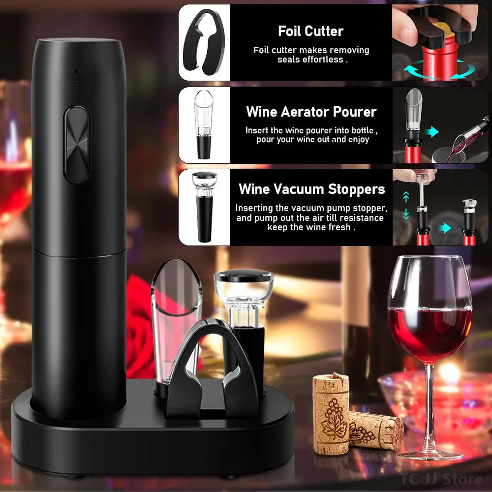 Electric Wine Bottle Opener Gifts Set Rechargeable Black Automatic Wine Opener with Led Light USB Charging Wine Corkscrew Kit