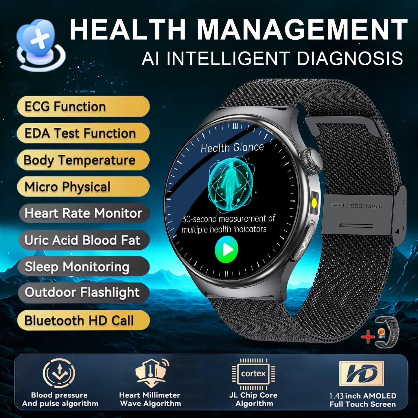 2026 New upgrade Health Check Smart Watch ECG Blood Lipid Uric Acid Body Fat BP Sport Waterproof HD Call Smart Watch Man Women