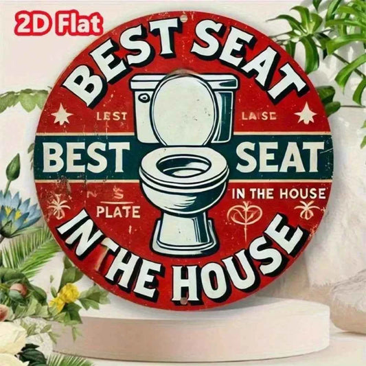 Retro Metal Bathroom Wall Decor - "Best Seat In The House" Funny Toilet Sign - Red White Blue Vintage Plaque