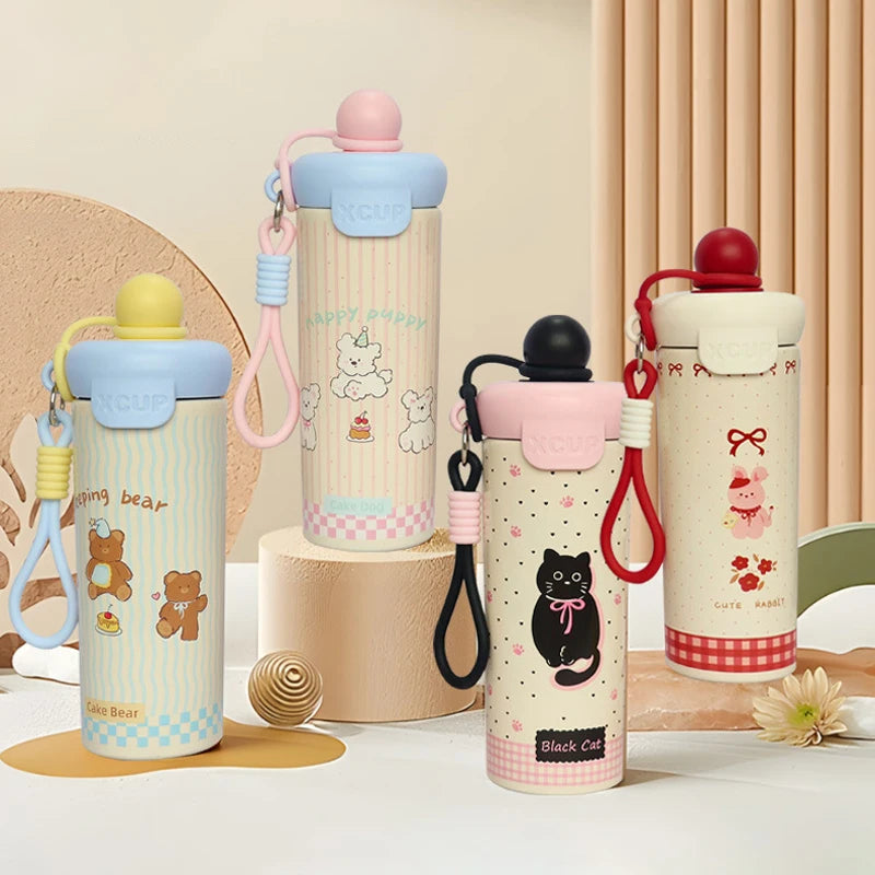 ♥Cartoon Animal Float Ball Water Bottle - 316 Stainless Steel Insulated Tumbler with Straw & Carry Strap for Kids and Students