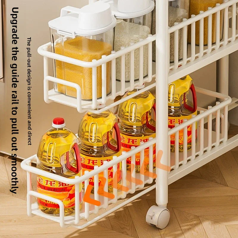 Side of Refrigerator Storage Rack Ultra Narrow Pull-out Seasoning Rack Multifunctional Bathroom Shelf with Pulley Kitchen Cart