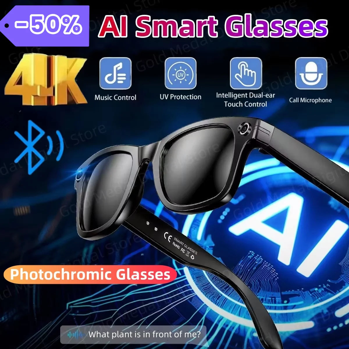For Xiaomi 4K AI Smart Glasses Chat GPT HD Camera Bluetooth Call Voice Assistant Music Player Translate Photochromic Glasses