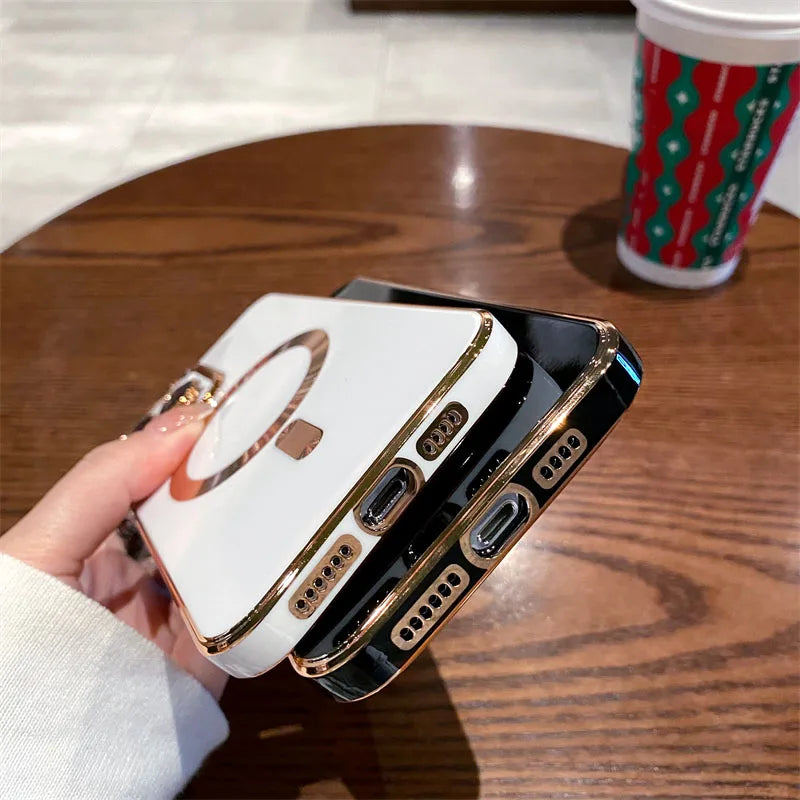 Luxury Plating Solid Color Magnetic Wireless Charge Case For iPhone 11 12 13 14 15 16 17 Air Pro Max Plus Shockproof Soft Cover