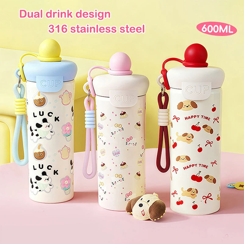 ♥Cartoon Animal Float Ball Water Bottle - 316 Stainless Steel Insulated Tumbler with Straw & Carry Strap for Kids and Students