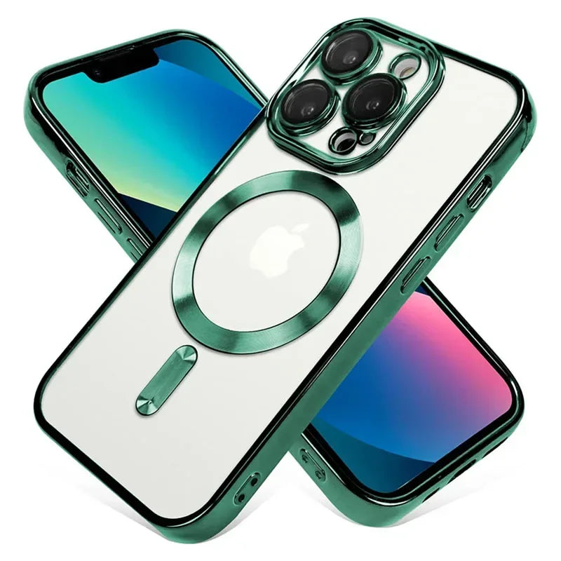 Clear Plating  Magnetic Case For iphone 17 16 15 14 13 12 11 Pro Max Plus Lens Protection For Magsafe Wireless Charge Case Cover