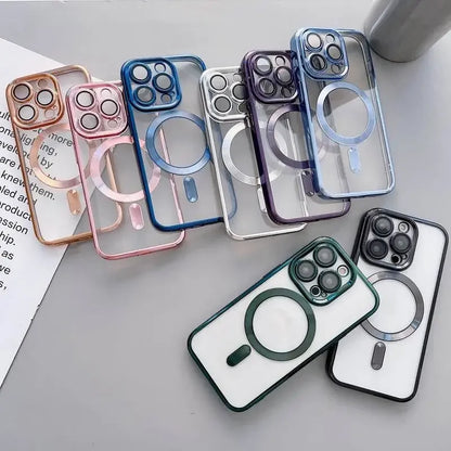 Plating For Magsafe Magnetic Phone Case For iPhone 16 15 14 13 12 11 Pro Max 16 Plus Wireless Charging With Lens Protector Cover