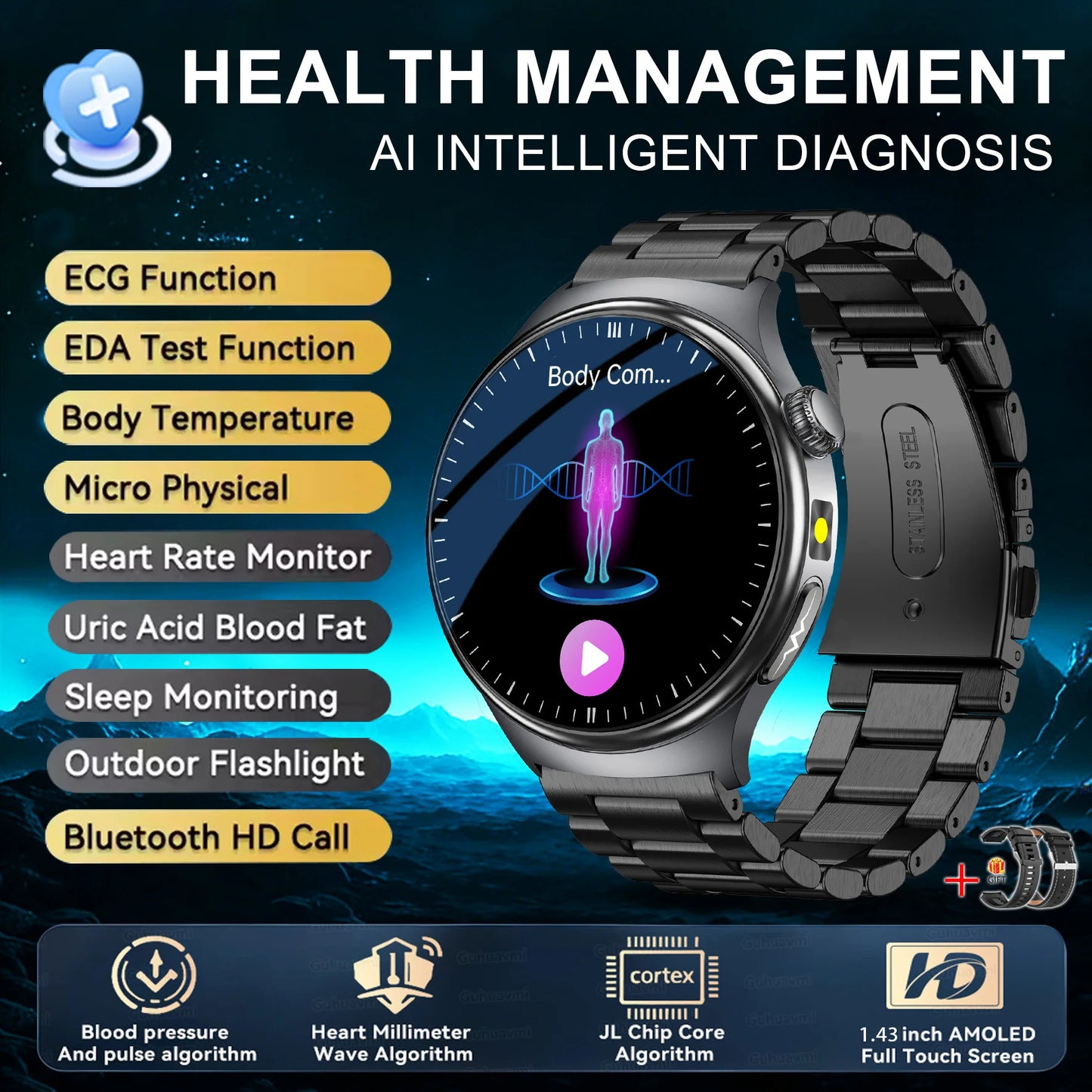 2026 New upgrade Health Check Smart Watch ECG Blood Lipid Uric Acid Body Fat BP Sport Waterproof HD Call Smart Watch Man Women