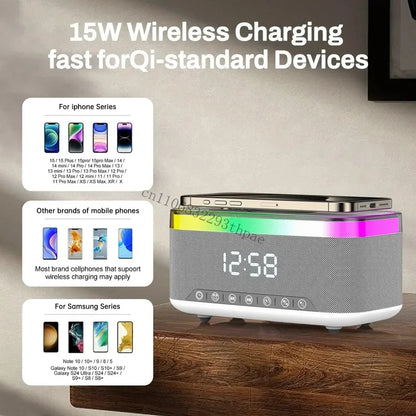 New Smart 6-in-1 Bluetooth Speaker 60W Wireless Charger Bedhead Night Light Alarm Clock LED Clock with FM Radio Music Cente