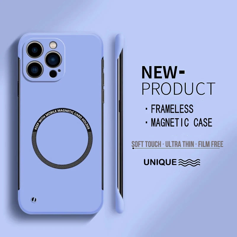 Ultra-thin hard PC magnetic frameless MagSafe case in matte lavender with circular magnet ring