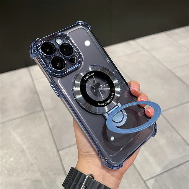 For iPhone 16 Pro Max Luxury Transparent Holder Stand Plating Frame Phone Case For iPhone 13 14 15 Plus 17 Air Protective Cover