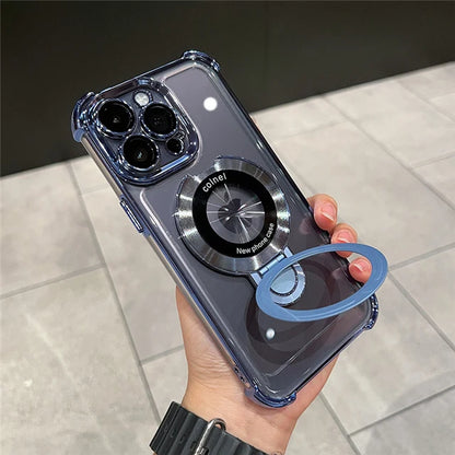 For iPhone 16 Pro Max Luxury Transparent Holder Stand Plating Frame Phone Case For iPhone 13 14 15 Plus 17 Air Protective Cover