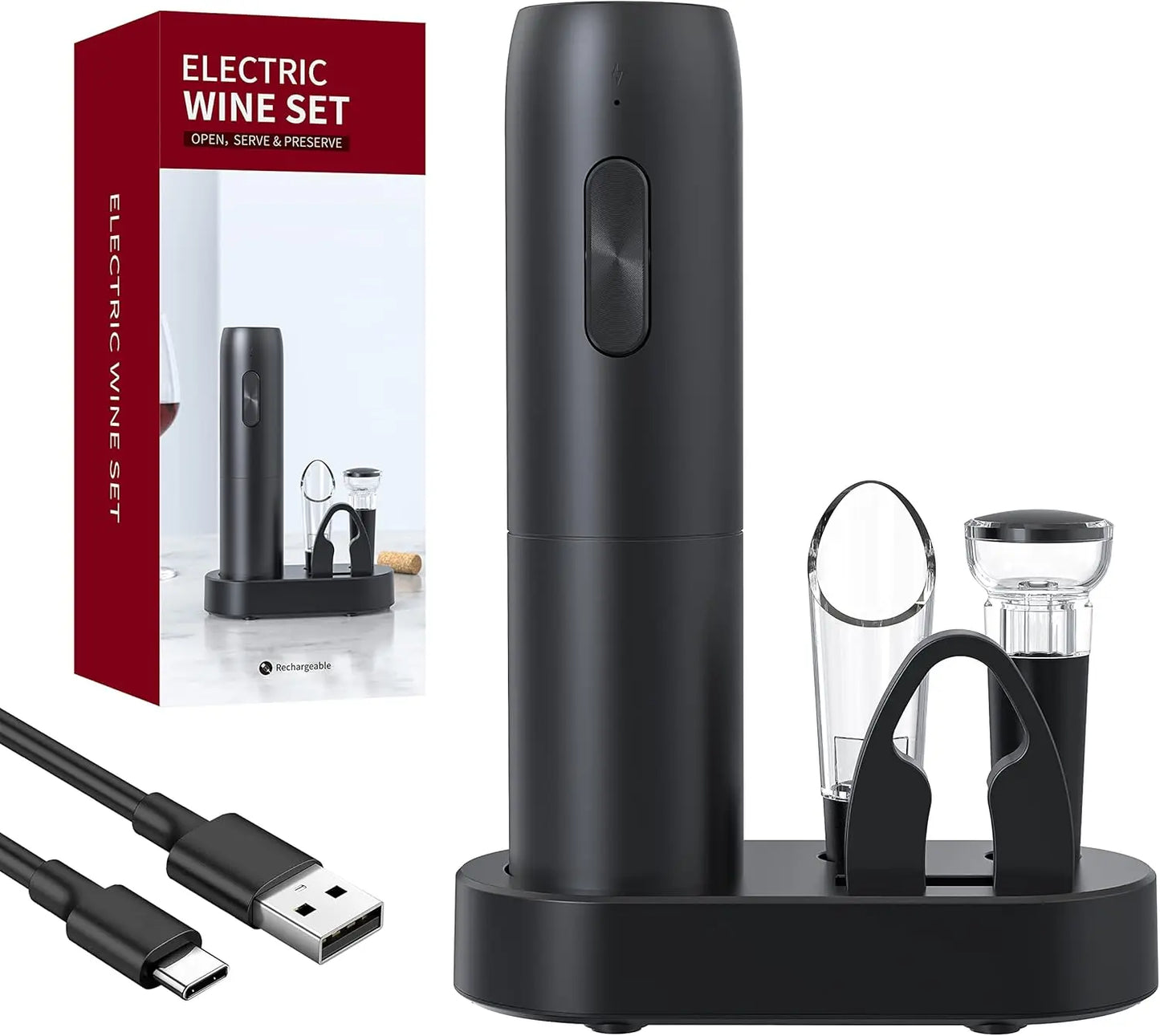 Electric Wine Bottle Opener Gifts Set Rechargeable Black Automatic Wine Opener with Led Light USB Charging Wine Corkscrew Kit