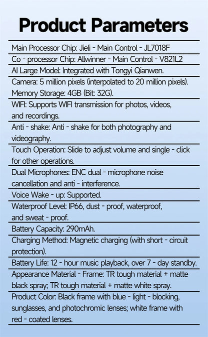 New AI 5MP Camera Smart Glasses 290mAh Waterproof Voice Call Music Bluetooth Smart Sunglasses Video Record Translation Glasees