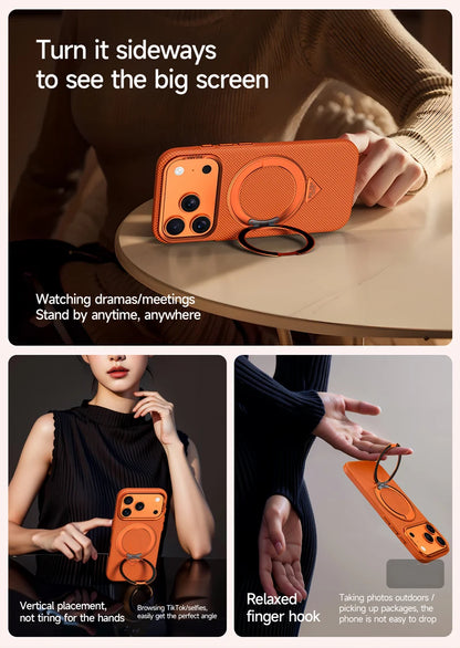 Alloy Lens 360 Rotating Bracket Magnetic Case for iPhone 17Pro Max 16 pro Carbon Fiber Texture Wireless Charge Frosted PC Cover