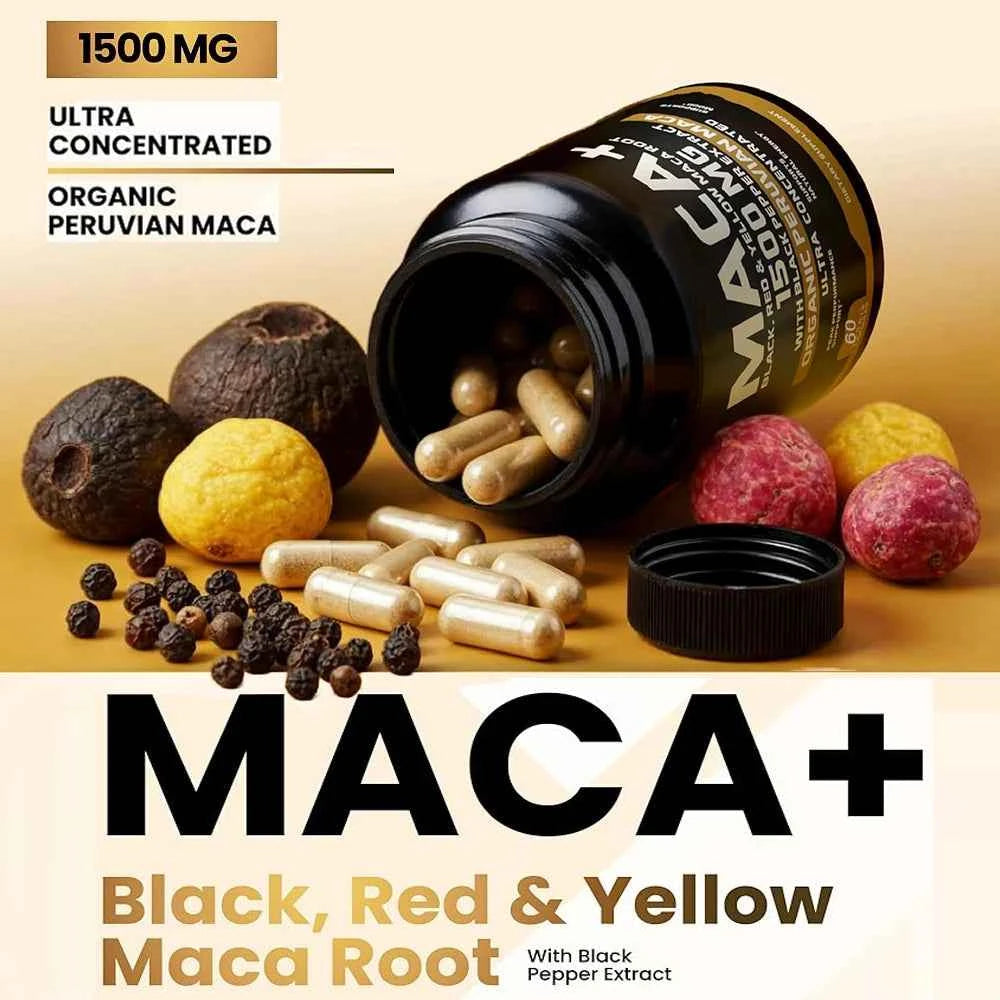 Organic Maca Powder Capsules 1500mg Black Red Yellow Peru Maca For All Vegan