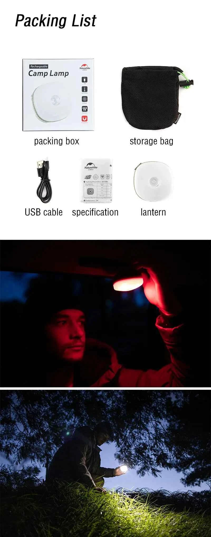 Naturehike 2025 Running Sports USB Lamp Ultralight Waterproof Tent Hanging Light Multiple Modes Battery Hanging Magnet Light