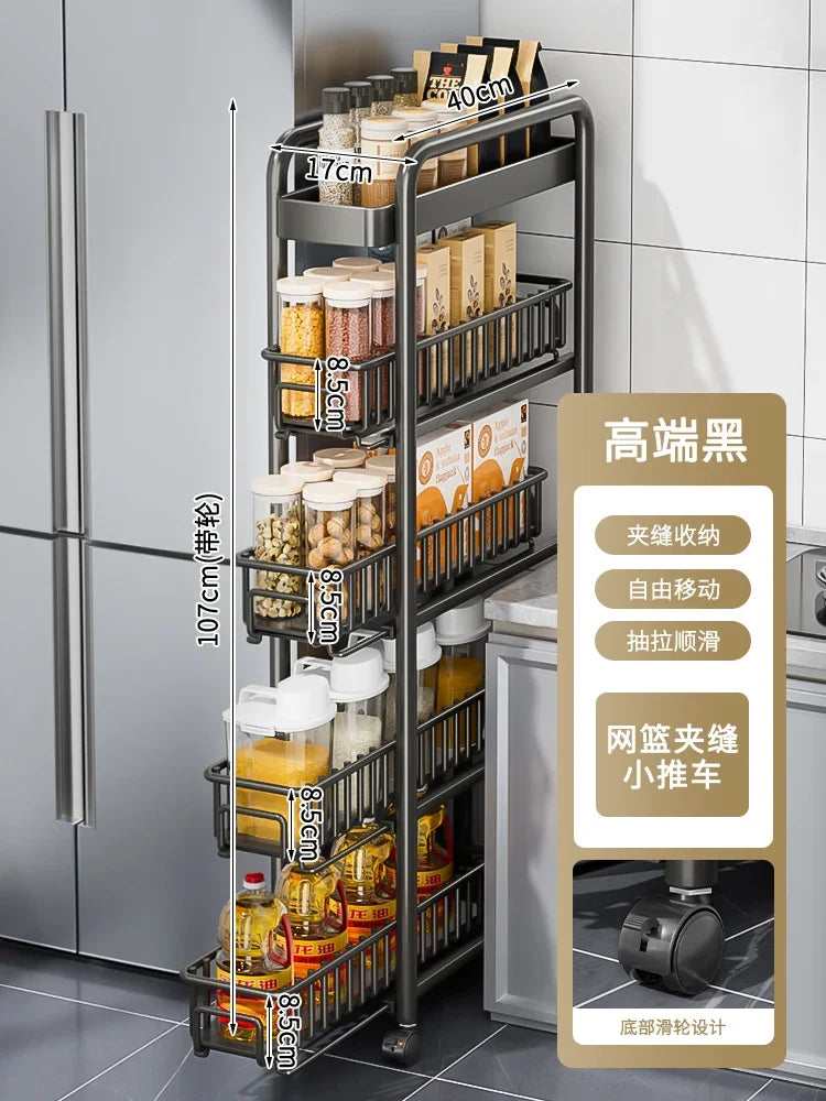 Side of Refrigerator Storage Rack Ultra Narrow Pull-out Seasoning Rack Multifunctional Bathroom Shelf with Pulley Kitchen Cart
