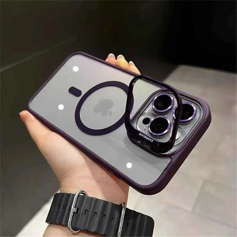 Luxury Magnetic Shockproof Phone Case For iPhone 11 12 13 14 15 16 Pro Max Plus Magsafe Glass Lens Stand Protection Back Cover