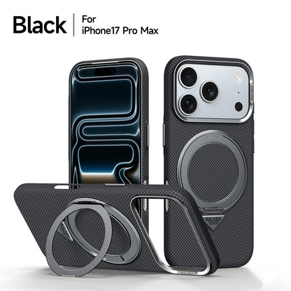 Alloy Lens 360 Rotating Bracket Magnetic Case for iPhone 17Pro Max 16 pro Carbon Fiber Texture Wireless Charge Frosted PC Cover