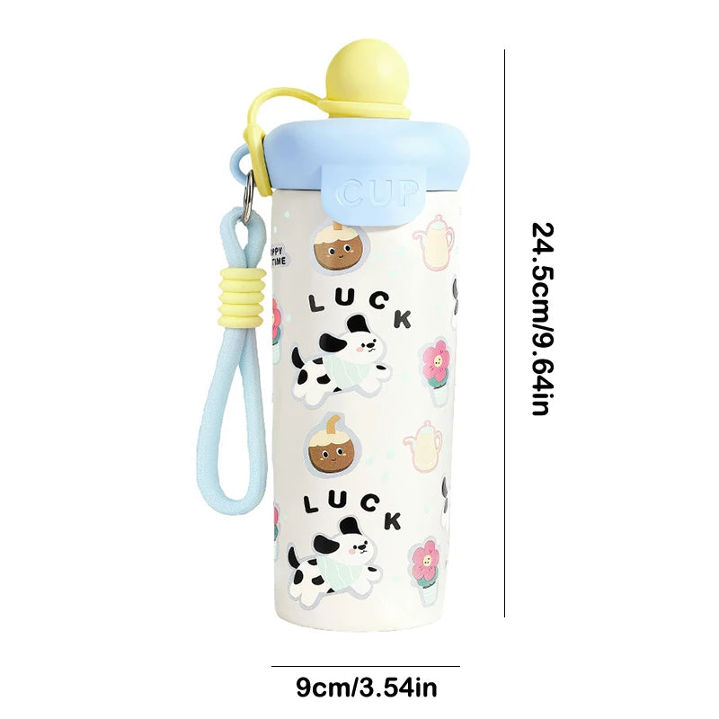 ♥Cartoon Animal Float Ball Water Bottle - 316 Stainless Steel Insulated Tumbler with Straw & Carry Strap for Kids and Students