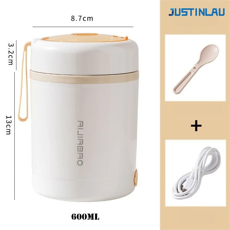 JUSTINLAU 600ML USB Electric Heating Lunch Box 304 Stainless Steel+PP Portable Food Warmer with Spoon for Working&camping Use