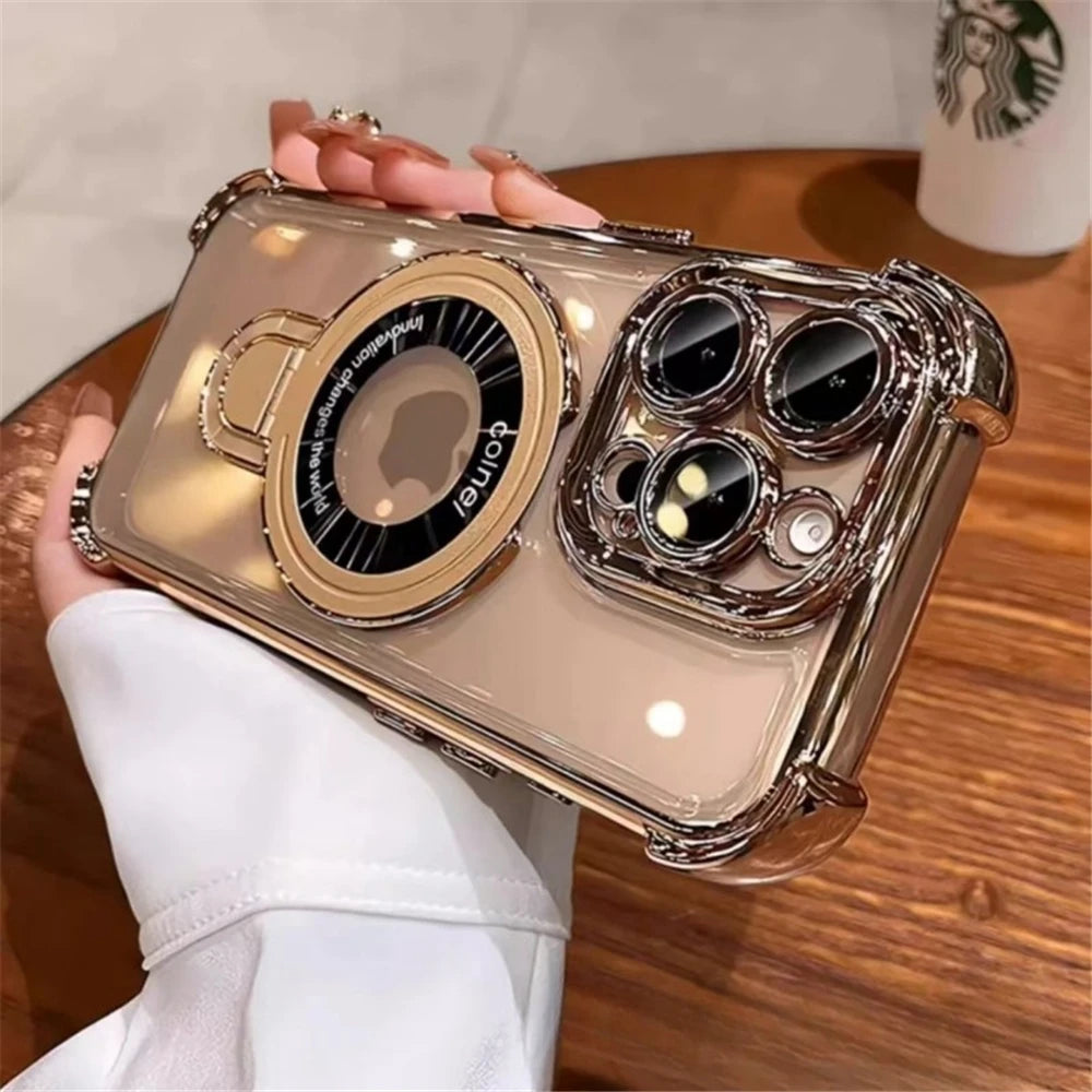 For iPhone 16 Pro Max Luxury Transparent Holder Stand Plating Frame Phone Case For iPhone 13 14 15 Plus 17 Air Protective Cover