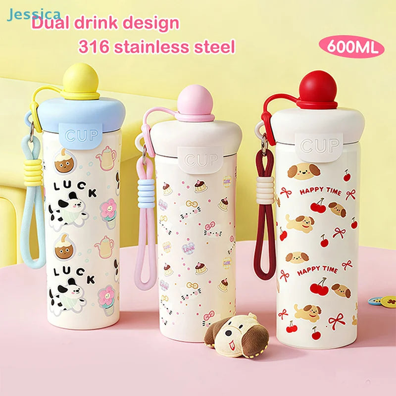 ♥Cartoon Animal Float Ball Water Bottle - 316 Stainless Steel Insulated Tumbler with Straw & Carry Strap for Kids and Students