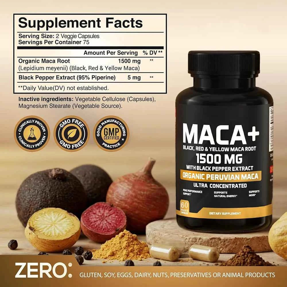 Organic Maca Powder Capsules 1500mg Black Red Yellow Peru Maca For All Vegan