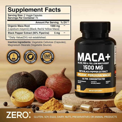 Organic Maca Powder Capsules 1500mg Black Red Yellow Peru Maca For All Vegan