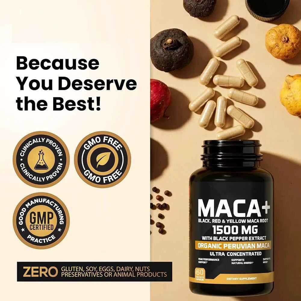 Organic Maca Powder Capsules 1500mg Black Red Yellow Peru Maca For All Vegan