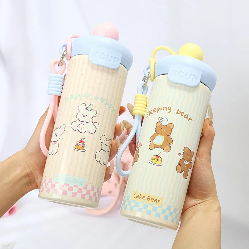 ♥Cartoon Animal Float Ball Water Bottle - 316 Stainless Steel Insulated Tumbler with Straw & Carry Strap for Kids and Students