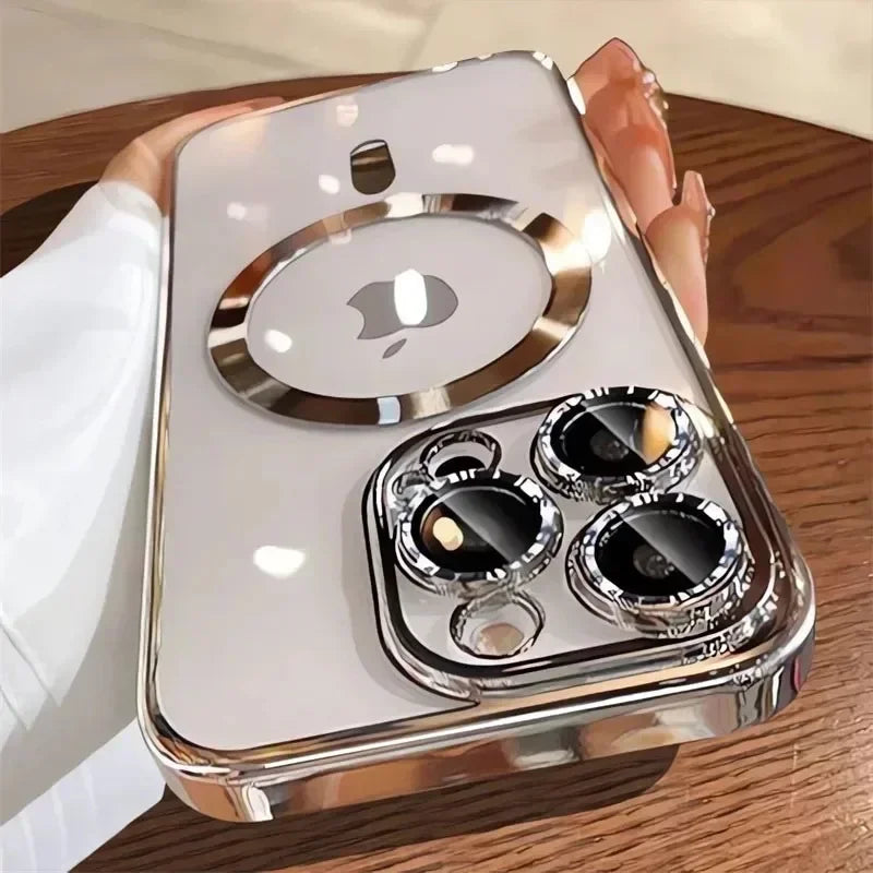 Luxury Plating Wireless Charging Case For Magsafe For iPhone 16 15 14 13 12 11 Pro Max Plus Magnetic Cover With Lens Protector
