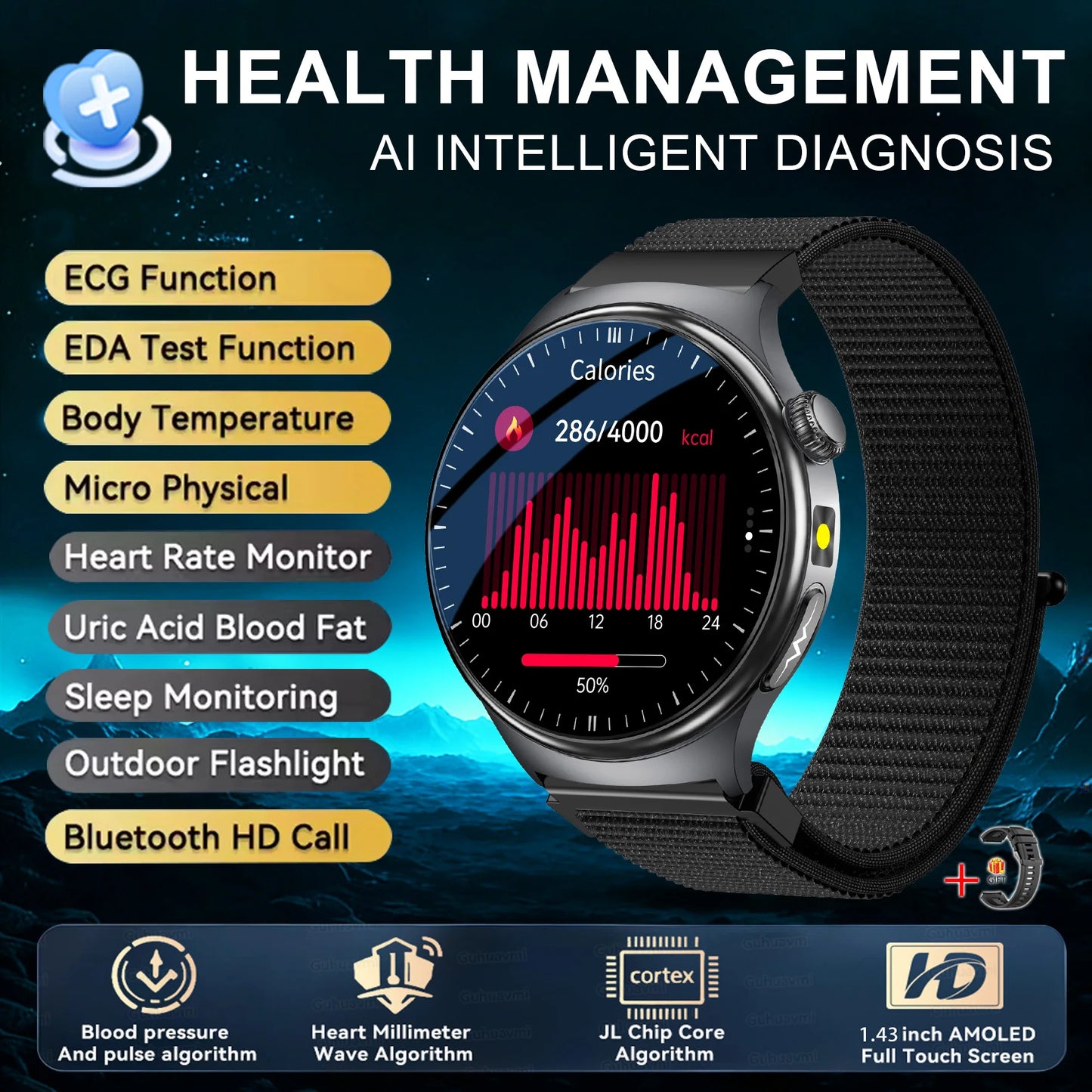 2026 New upgrade Health Check Smart Watch ECG Blood Lipid Uric Acid Body Fat BP Sport Waterproof HD Call Smart Watch Man Women