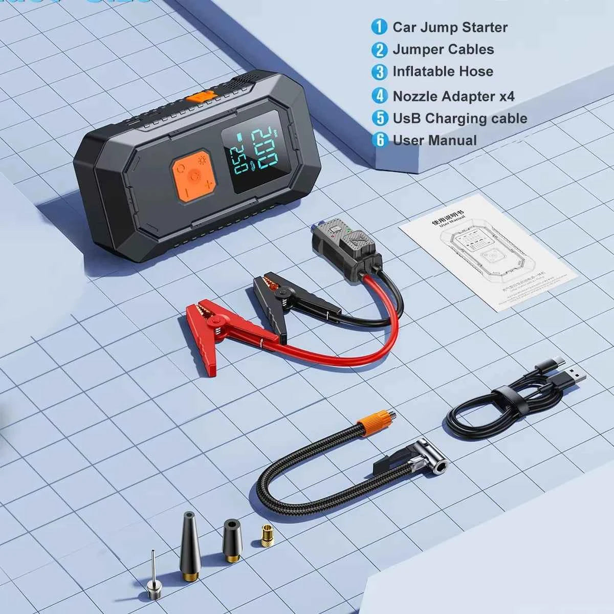 Car Jump Starter with Air Pump Power Pack 12v Battery Booster Tire Inflator Emergency Portable Car Jump Starter